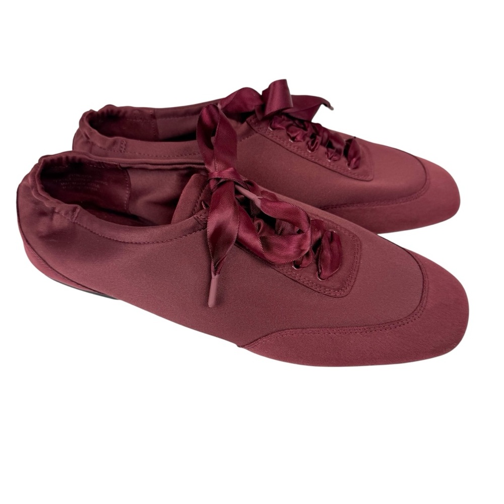Women's Satin Ribbon Lace-Up Sneakers - Burgundy - Picture 6 of 13